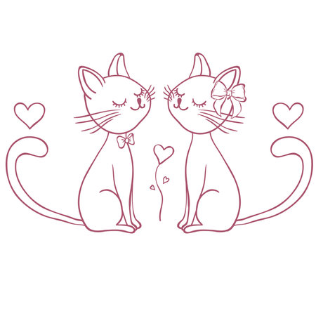 Cute Whimsical Romantic Cats. Line Art Illustration.のイラスト素材