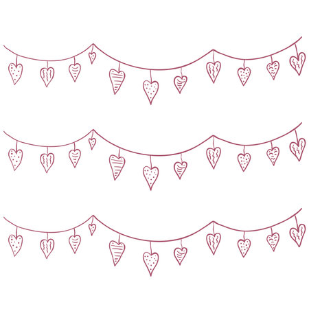 Valentines Day Garland with Hearts. Line Art Illustration.のイラスト素材