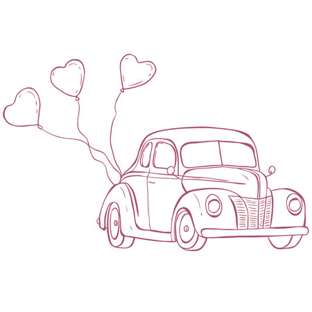 Retro Car with Heart Ballons. Line Art Illustration.のイラスト素材