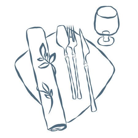 Line Art Illustration of Wedding Plate with Cutlery. Vector Graphic.のイラスト素材