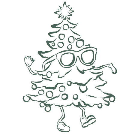 Dancing Christmas Tree. Line Art Illustration.のイラスト素材