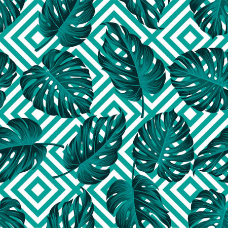 Floral seamless pattern with leaves, abstract geometric background