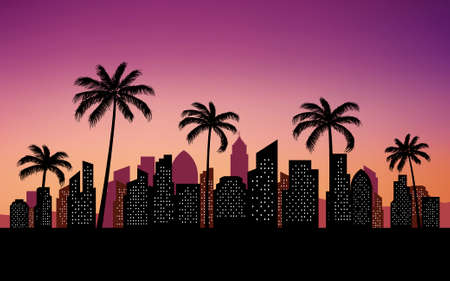 silhouette city skyline view with palm trees backgroundのイラスト素材