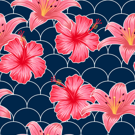 Floral seamless pattern with lined geometric shapes. tropical backgroundのイラスト素材