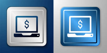 White Laptop with dollar icon isolated on blue and grey background. Sending money around the world, money transfer, online banking, financial transaction. Silver and blue square button. Vectorのイラスト素材