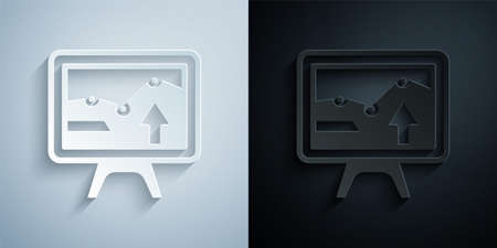 Paper cut Computer monitor with graph chart icon isolated on grey and black background. Report text file icon. Accounting sign. Audit, analysis, planning. Paper art style. Vectorのイラスト素材