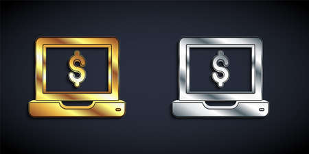 Gold and silver Laptop with dollar icon isolated on black background. Sending money around the world, money transfer, online banking, financial transaction. Long shadow style. Vectorのイラスト素材