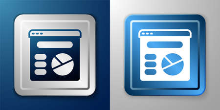 White Pie chart infographic icon isolated on blue and grey background. Diagram chart sign. Silver and blue square button. Vectorのイラスト素材