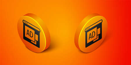 Isometric Advertising icon isolated on orange background. Concept of marketing and promotion process. Responsive ads. Social media advertising. Orange circle button. Vectorのイラスト素材