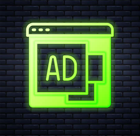 Glowing neon Advertising icon isolated on brick wall background. Concept of marketing and promotion process. Responsive ads. Social media advertising. Vectorのイラスト素材