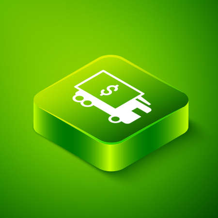 Isometric Armored truck icon isolated on green background. Green square button. Vectorのイラスト素材