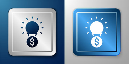 White Light bulb with dollar symbol icon isolated on blue and grey background. Money making ideas. Fintech innovation concept. Silver and blue square button. Vectorのイラスト素材