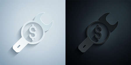 Paper cut Repair price icon isolated on grey and black background. Dollar and wrench. Paper art style. Vectorのイラスト素材