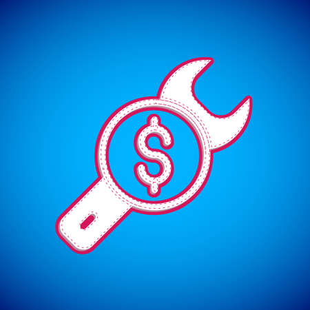 White Repair price icon isolated on blue background. Dollar and wrench. Vectorのイラスト素材