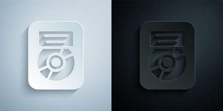 Paper cut CD disk award in frame icon isolated on grey and black background. Modern ceremony. Best seller. Musical trophy. Paper art style. Vectorのイラスト素材