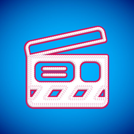 White Movie clapper icon isolated on blue background. Film clapper board. Clapperboard sign. Cinema production or media industry. Vectorのイラスト素材