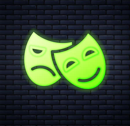 Glowing neon Comedy and tragedy theatrical masks icon isolated on brick wall background. Vectorのイラスト素材