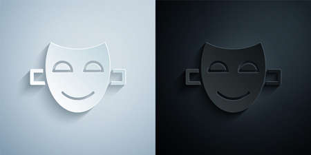 Paper cut Comedy theatrical mask icon isolated on grey and black background. Paper art style. Vectorのイラスト素材