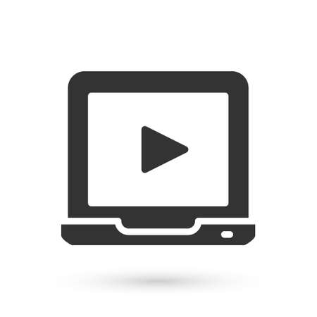 Grey Online play video icon isolated on white background. Laptop and film strip with play sign. Vectorのイラスト素材