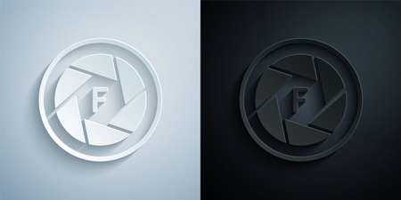 Paper cut Camera shutter icon isolated on grey and black background. Paper art style. Vectorのイラスト素材