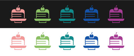 Set Piece of cake icon isolated on black and white background. Happy Birthday. Vectorのイラスト素材