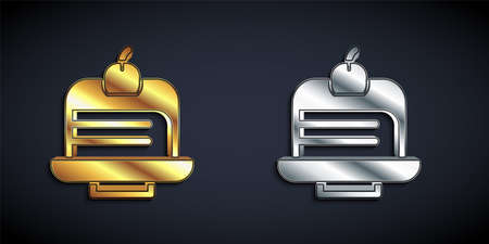 Gold and silver Piece of cake icon isolated on black background. Happy Birthday. Long shadow style. Vectorのイラスト素材