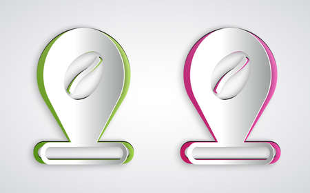 Paper cut Location with coffee bean icon isolated on grey background. Paper art style. Vectorのイラスト素材