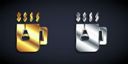 Gold and silver Cup of tea with tea bag icon isolated on black background. Long shadow style. Vectorのイラスト素材