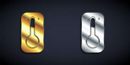 Gold and silver Coffee thermometer icon isolated on black background. Long shadow style. Vector