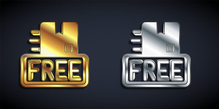 Gold and silver Cardboard box with free symbol icon isolated on black background. Box, package, parcel sign. Delivery, transportation and shipping. Long shadow style. Vectorのイラスト素材