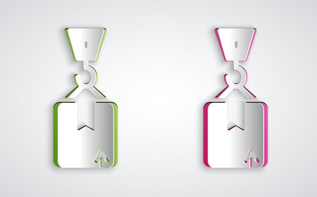 Paper cut Crane with carton cardboard box icon isolated on grey background. Crane lifts a container with cargo. Paper art style. Vectorのイラスト素材