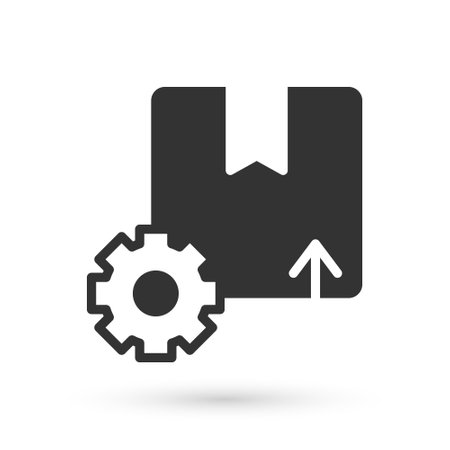 Grey Gear wheel with package box icon isolated on white background. Box, package, parcel sign. Delivery and packaging. Vectorのイラスト素材