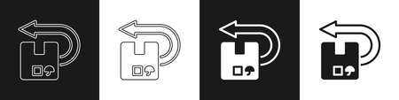 Set Return cardboard box icon isolated on black and white background. Box, package, parcel sign....
