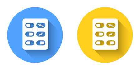 White Pills in blister pack icon isolated with long shadow background. Medical drug package for tablet, vitamin, antibiotic, aspirin. Circle button. Vectorのイラスト素材