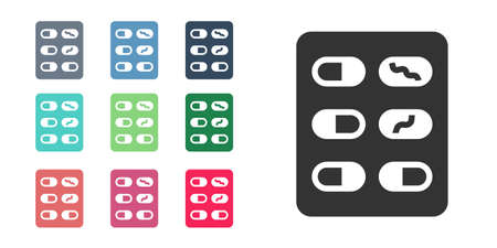 Black Pills in blister pack icon isolated on white background. Medical drug package for tablet, vitamin, antibiotic, aspirin. Set icons colorful. Vectorのイラスト素材