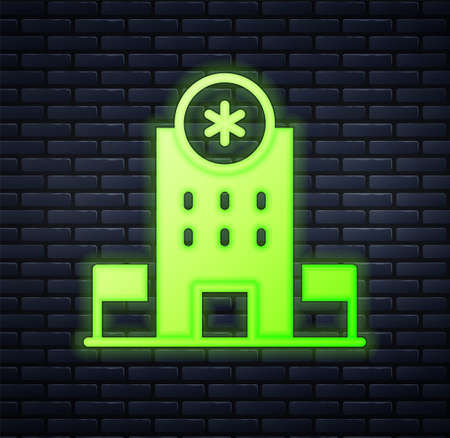 Glowing neon Medical hospital building with cross icon isolated on brick wall background. Medical center. Health care. Vectorのイラスト素材