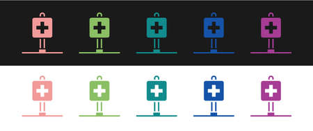 Set Medical map pointer with cross hospital icon isolated on black and white background. Vectorのイラスト素材