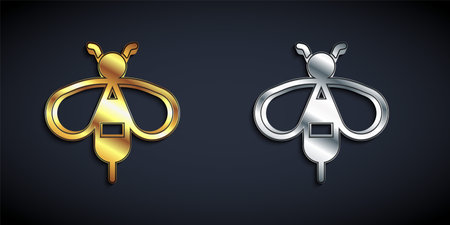 Gold and silver Bee icon isolated on black background. Sweet natural food. Honeybee or apis with wings symbol. Flying insect. Long shadow style. Vectorのイラスト素材