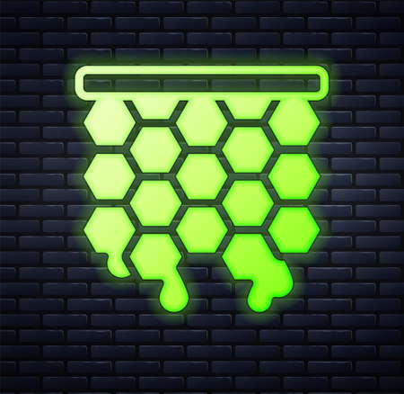 Glowing neon Honeycomb icon isolated on brick wall background. Honey cells symbol. Sweet natural food. Vectorのイラスト素材