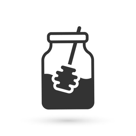Grey Jar of honey and honey dipper stick icon isolated on white background. Food bank. Sweet natural food symbol. Honey ladle. Vectorのイラスト素材