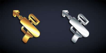 Gold and silver Fishing harpoon icon isolated on black background. Fishery manufacturers for catching fish under water. Diving underwater equipment. Long shadow style. Vectorのイラスト素材