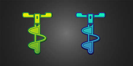 Green and blue Hand ice drill for winter fishing icon isolated on black background. Vectorのイラスト素材