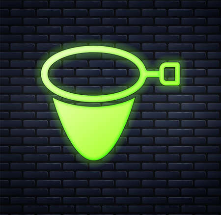 Glowing neon Fishing net icon isolated on brick wall background. Fishing tackle. Vectorのイラスト素材