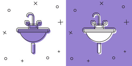Set Washbasin with water tap icon isolated on white and purple background. Vectorのイラスト素材