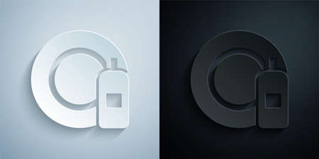Paper cut Dishwashing liquid bottle and plate icon isolated on grey and black background. Liquid detergent for washing dishes. Paper art style. Vectorのイラスト素材