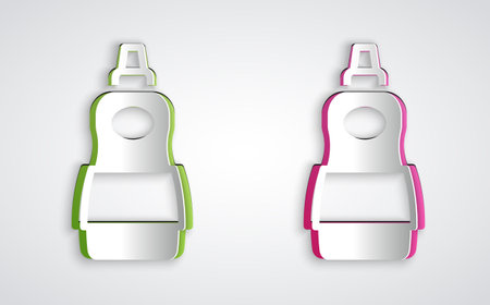Paper cut Dishwashing liquid bottle icon isolated on grey background. Liquid detergent for washing dishes. Paper art style. Vectorのイラスト素材