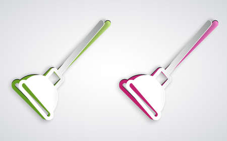 Paper cut Rubber plunger with wooden handle for pipe cleaning icon isolated on grey background. Toilet plunger. Paper art style. Vectorのイラスト素材