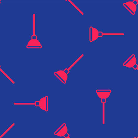 Red Rubber plunger with wooden handle for pipe cleaning icon isolated seamless pattern on blue background. Toilet plunger. Vectorのイラスト素材