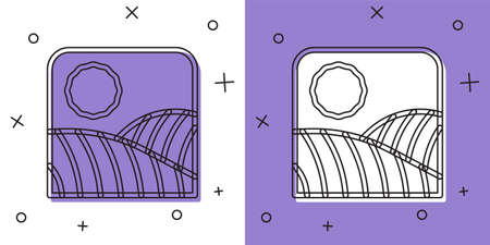 Set Agriculture wheat field farm rural nature scene landscape icon isolated on white and purple background. Vectorのイラスト素材