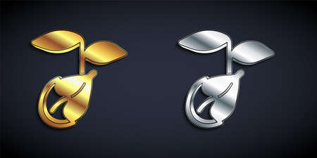 Gold and silver Sprout icon isolated on black background. Seed and seedling. Leaves sign. Leaf nature. Long shadow style. Vectorのイラスト素材